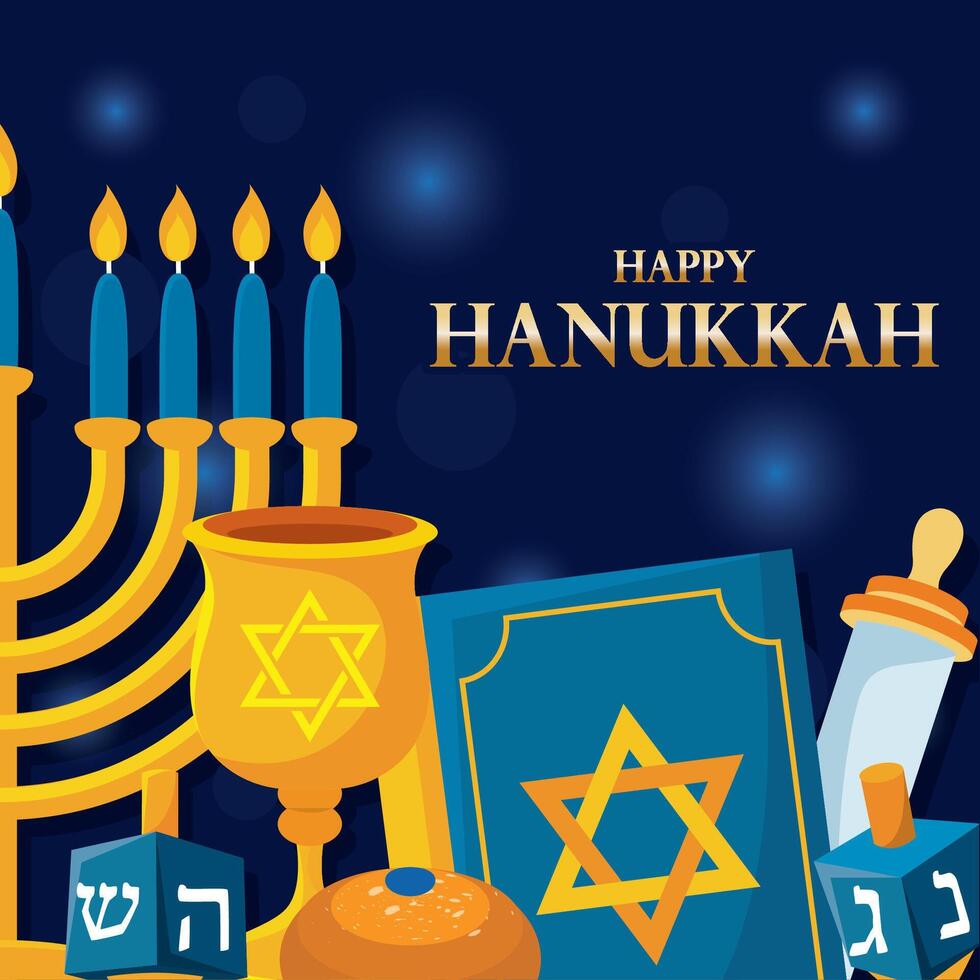 Hanukkah menorah, dreidels, goblet, and book vector