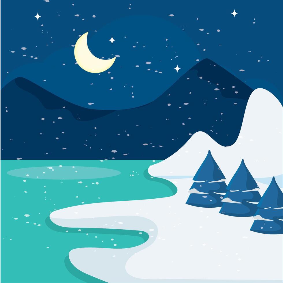 Nighttime snowy landscape with moon and trees vector