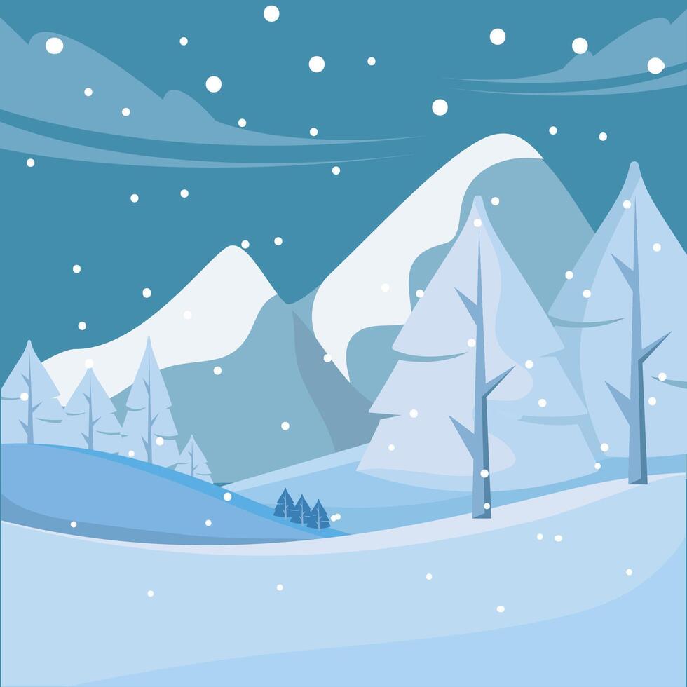 Snowy landscape with mountains and pine trees vector