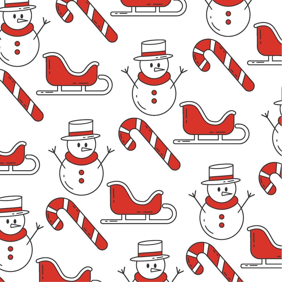 Snowman, sleigh, and candy cane Christmas pattern vector