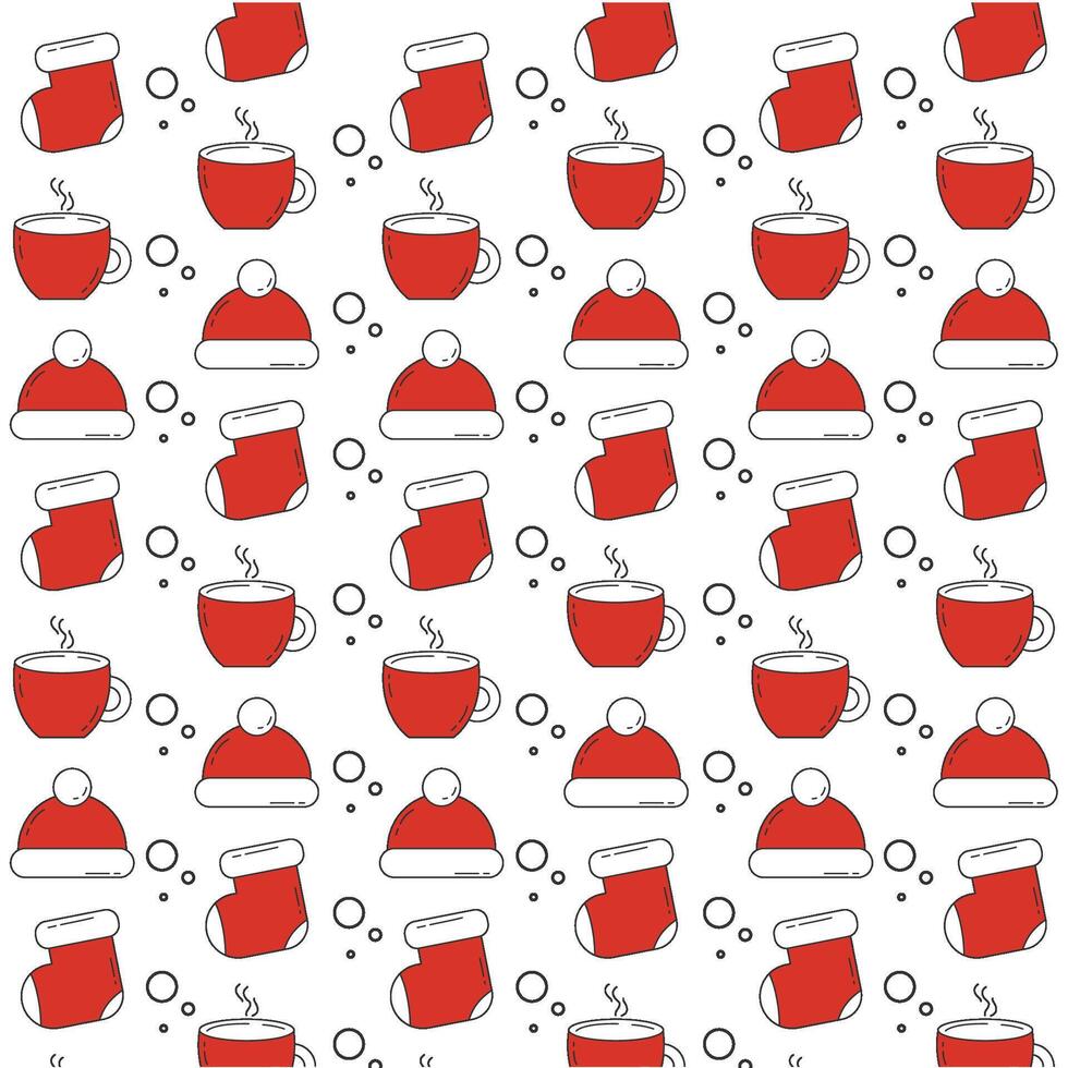 Christmas stockings, hats, and hot drink pattern vector