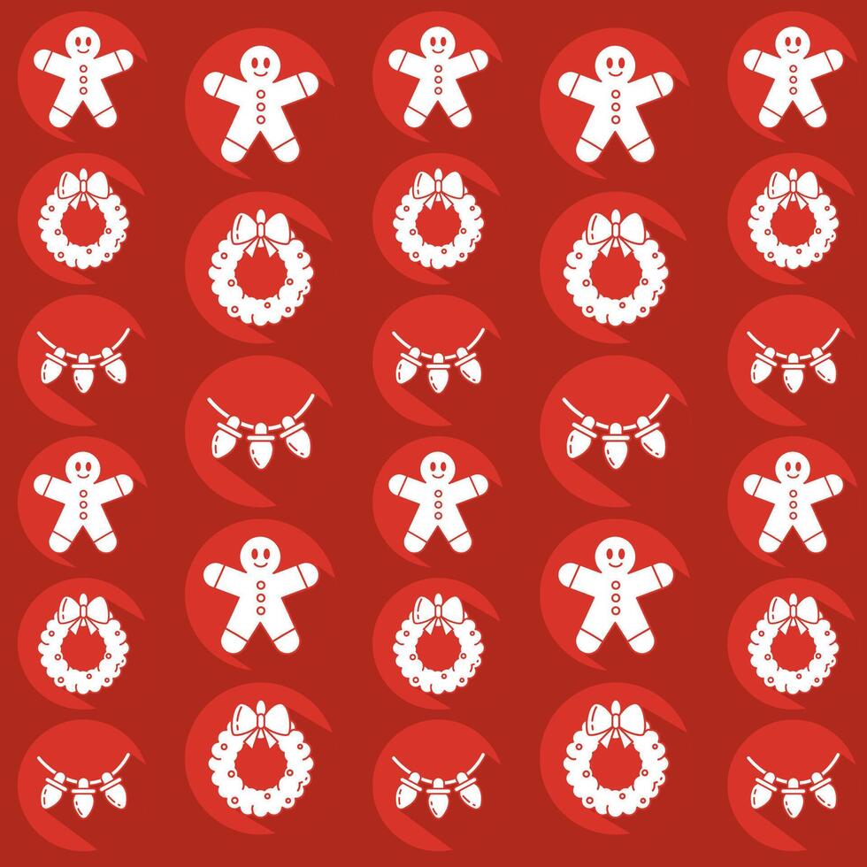Gingerbread, wreath, and Christmas lights pattern vector