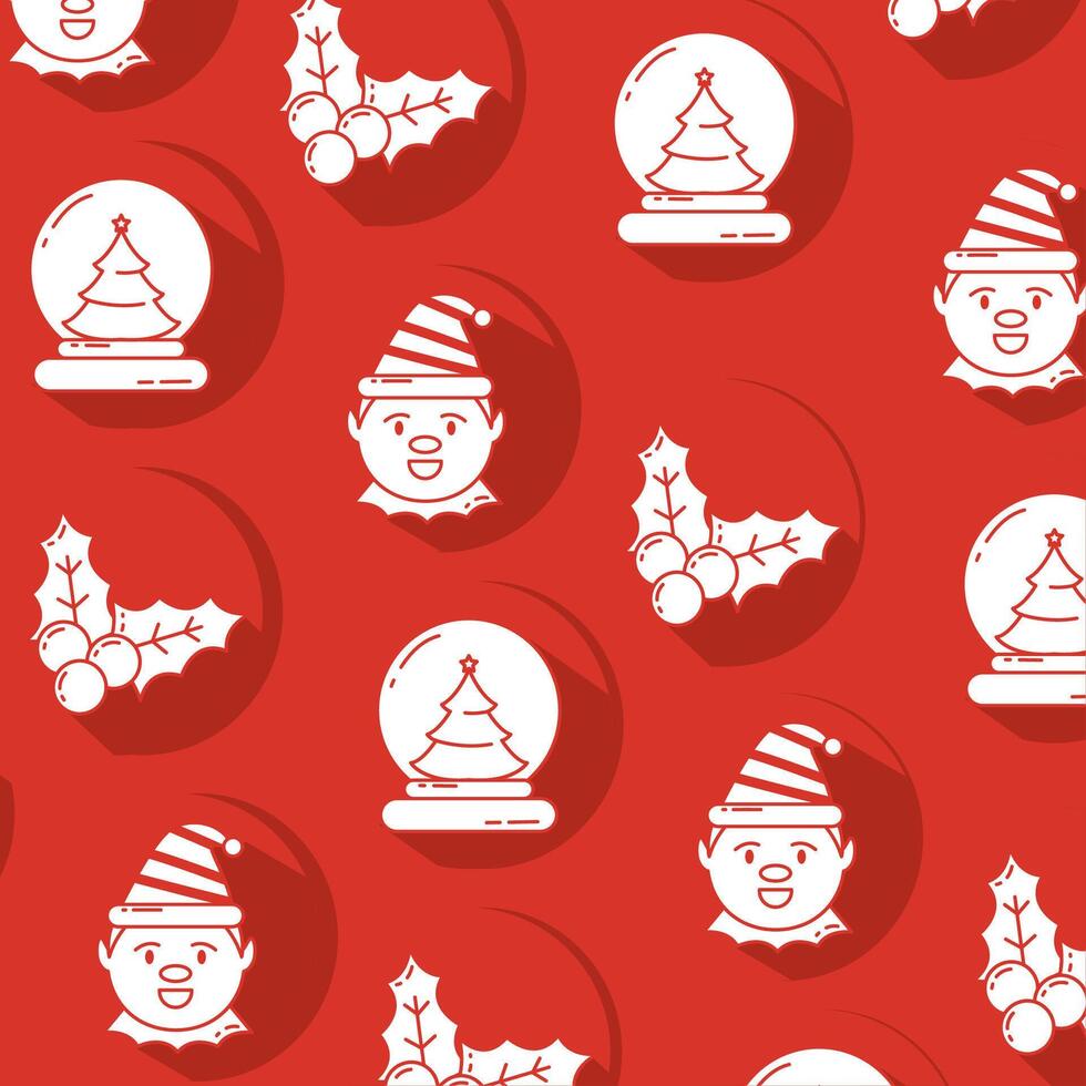 Christmas elf, holly, and snow globe pattern vector