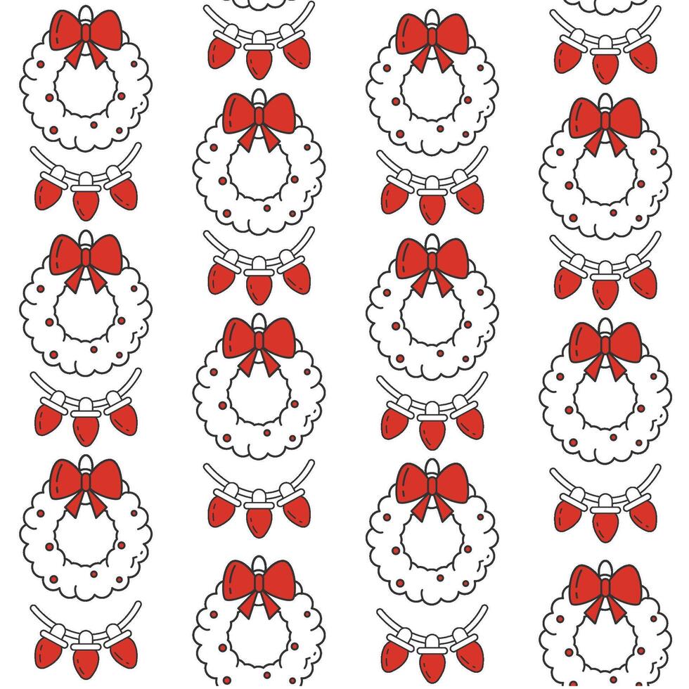 Christmas wreaths and string lights pattern vector