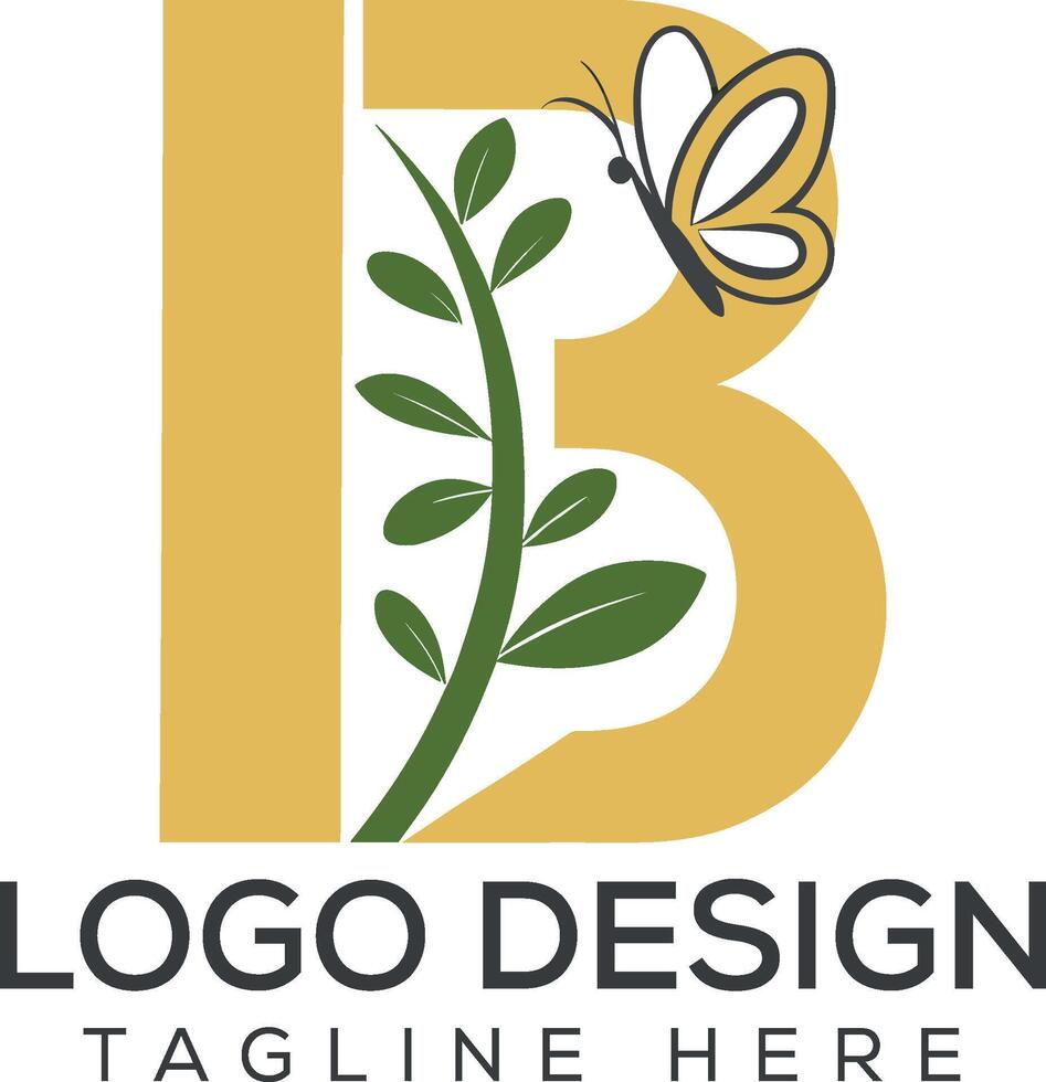Golden 'B' Logo with Green Plant and Butterfly, Featuring Text 'LOGO DESIGN' Below vector