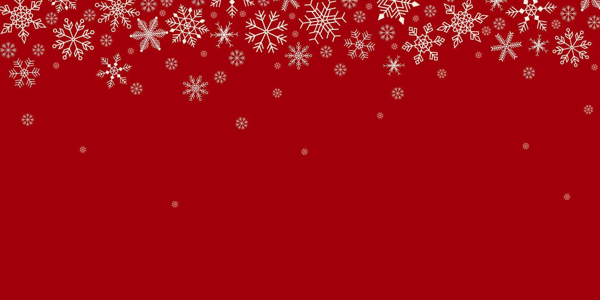 Rectangular red winter background with white geometric falling snowflakes and copy space. Flat illustration. For poster, banner, cover, placard. vector