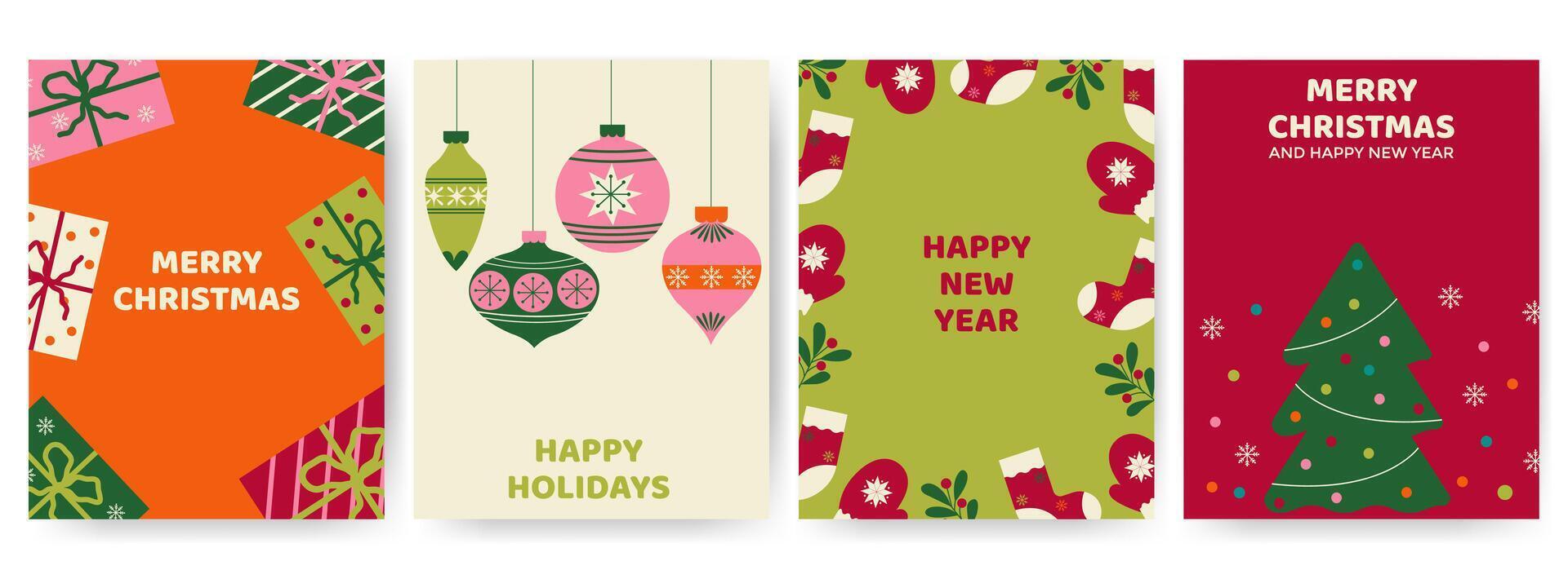 Merry Christmas and Happy New Year set of backgrounds, greeting cards, posters, holiday covers. Modern minimalist geometric style for web, social media, print vector