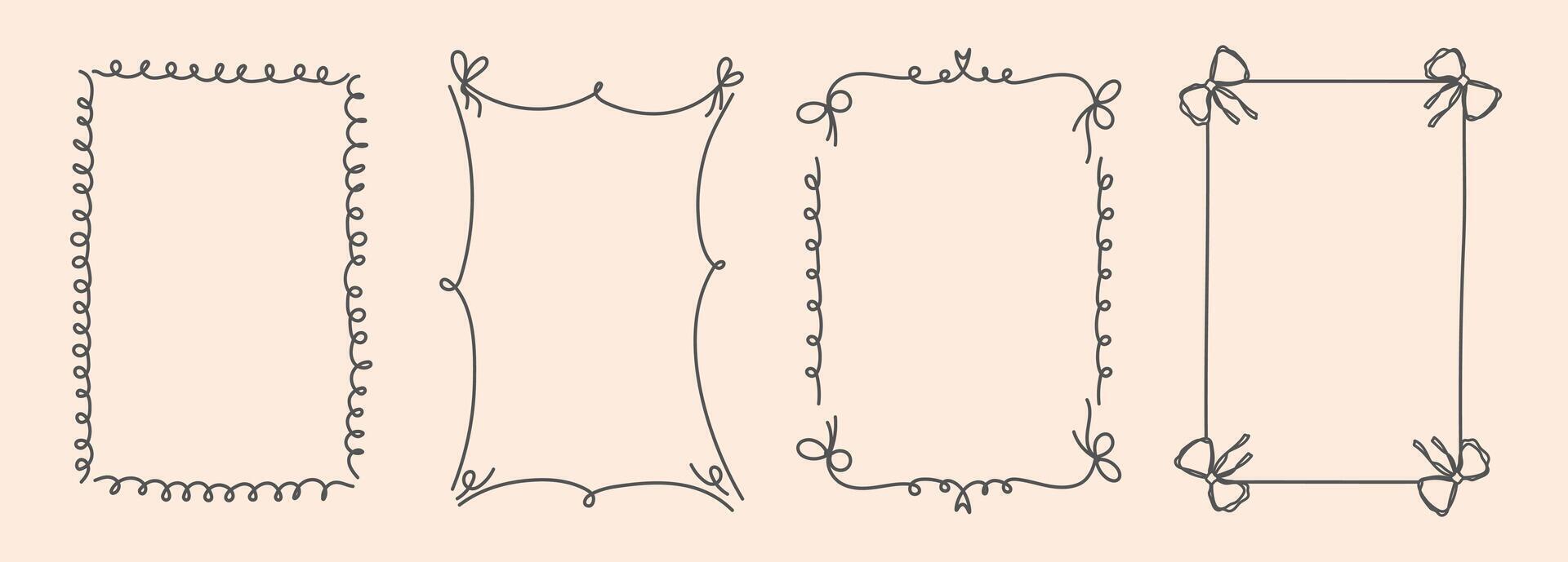 Hand Drawn frame set with doodle bows, ribbons. Vintage minimalist elements in trendy line art style. Whimsical line borders for birthday, wedding Invitations, christmas. Coquette bow set. illu vector