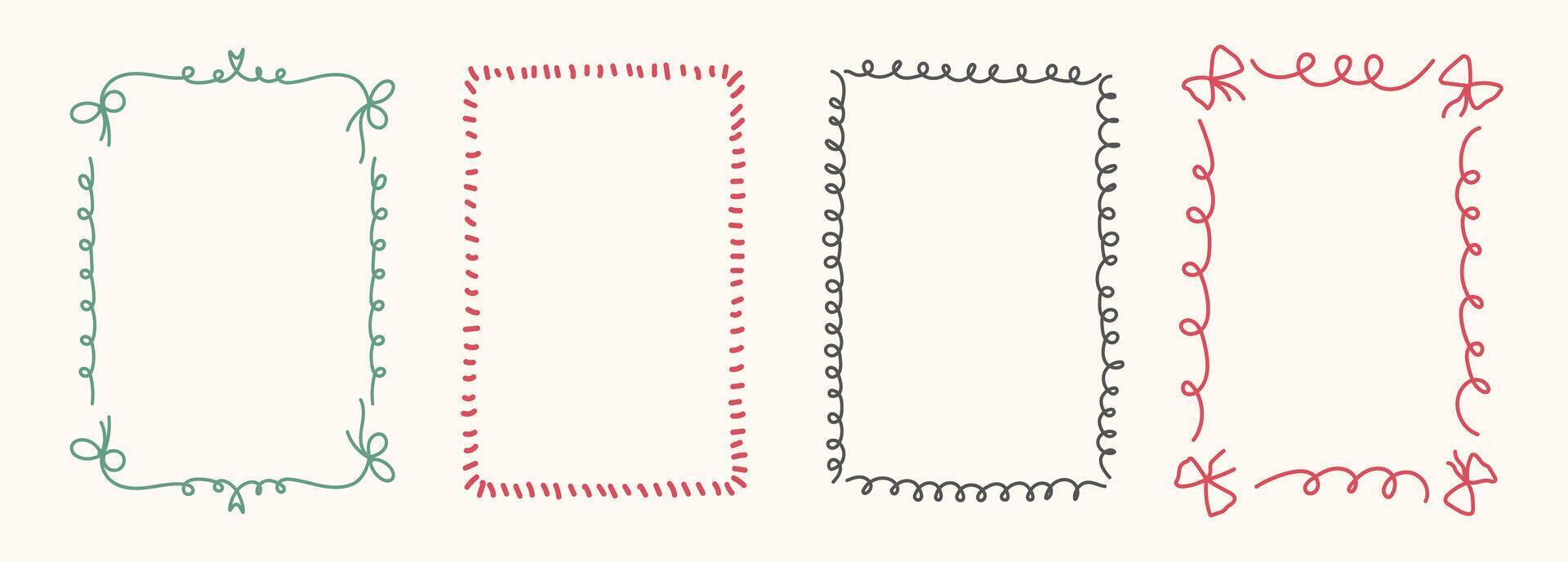 Hand Drawn frame set with doodle bows, ribbons. Coquette bow set. Whimsical line borders for birthday, christmas, wedding Invitations. Vintage minimalist elements in trendy line art style. illu vector