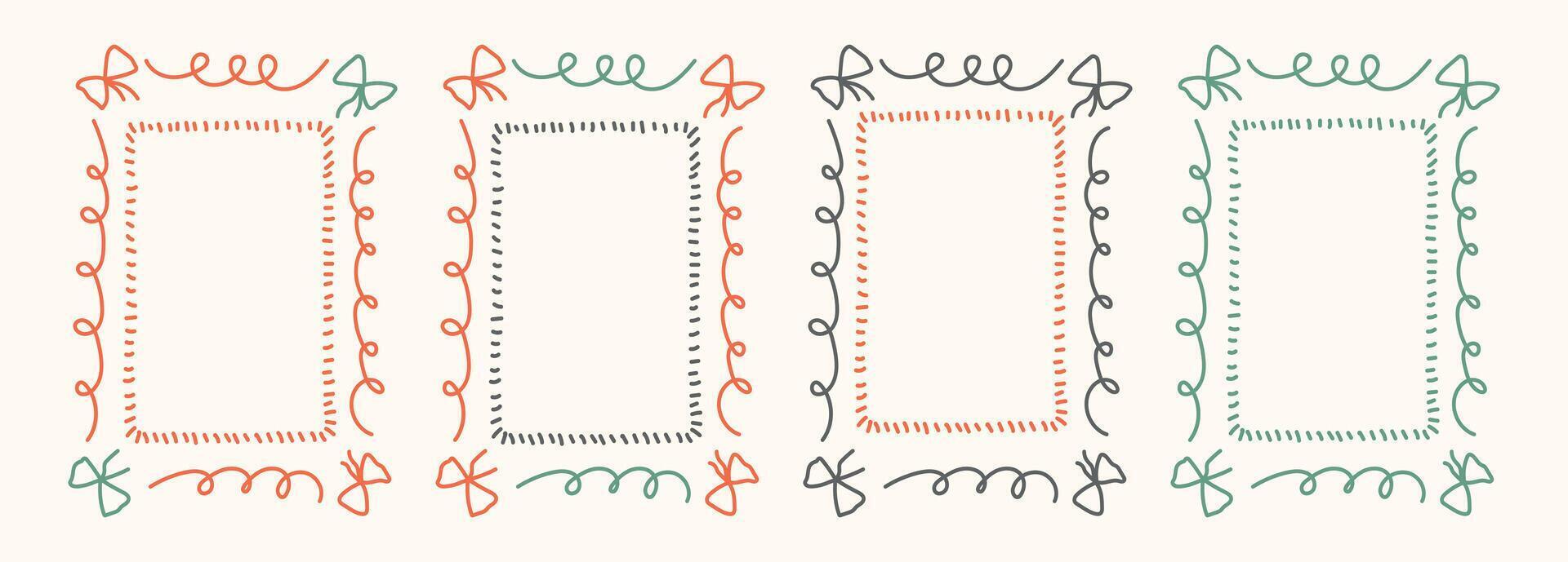 Hand Drawn frame set with doodle bows, ribbons. Whimsical line borders for birthday, christmas, wedding Invitations. Coquette bow set. Vintage minimalist elements in trendy line art style. illu vector