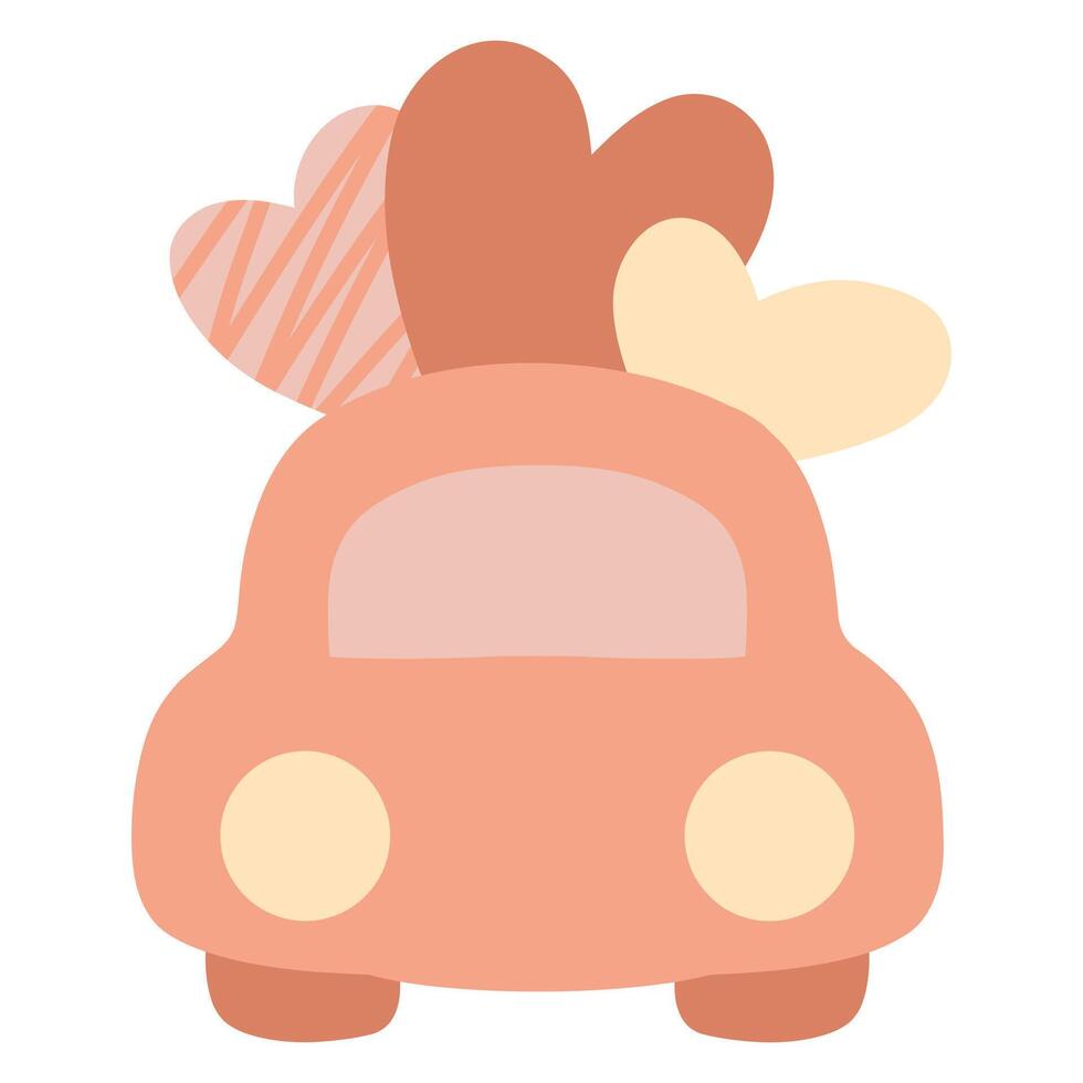 Toy car carrying hearts isolated on white background, orange, pastel colors vector