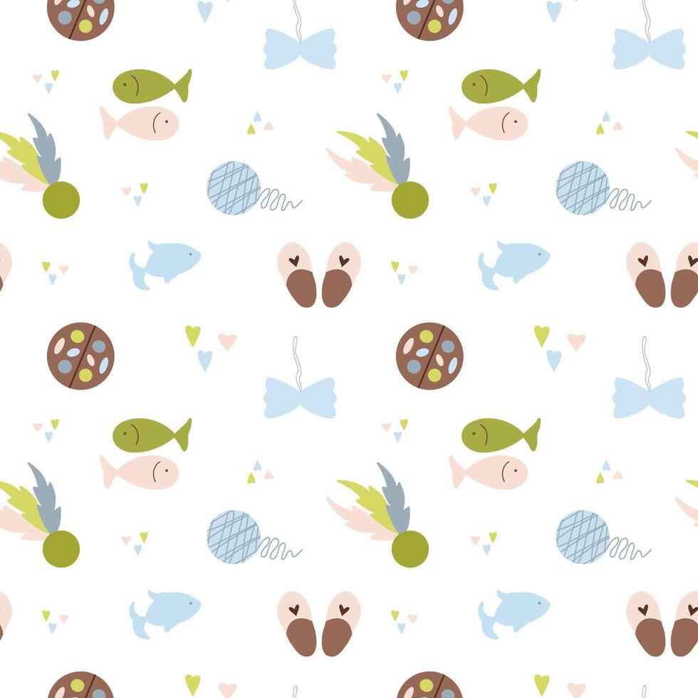 Pet toys seamless pattern, fish, ball, feather, skein of thread, slippers, pattern, pastel colors vector