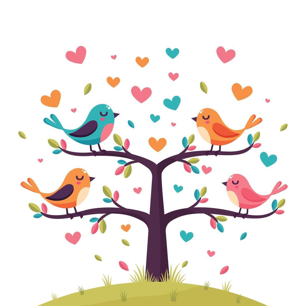 love tree with birds flat illustration isolated on white background vector