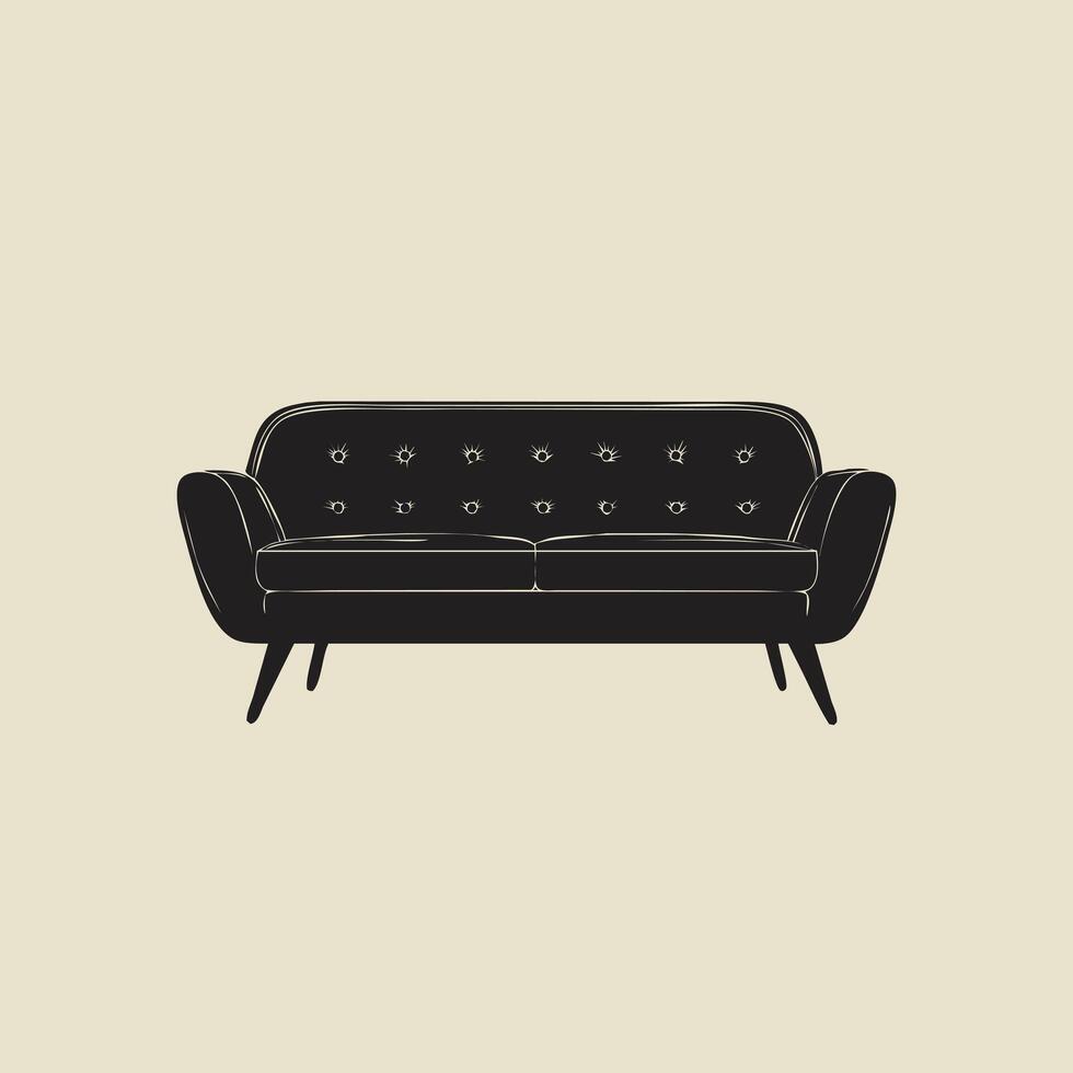 Silhouette of a modern sofa with tufted cushions and tapered legs vector