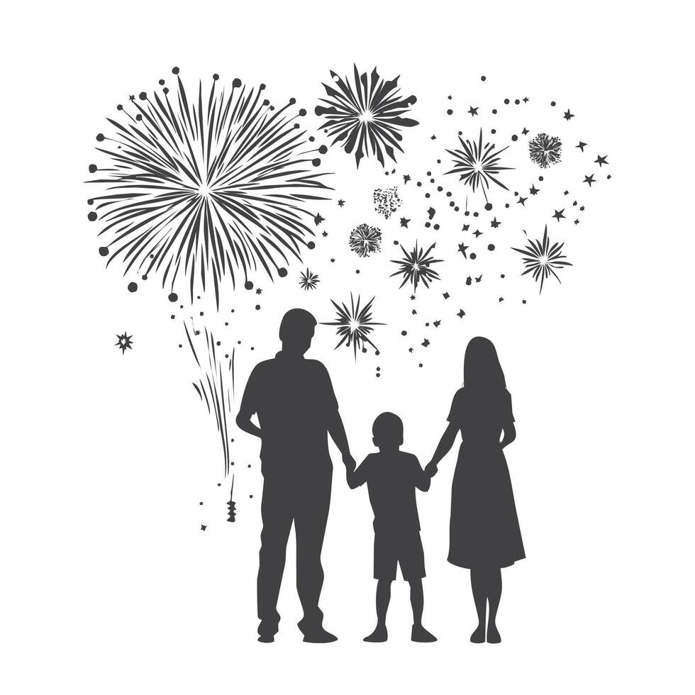 Silhouette of a family standing together, watching fireworks on a white background vector