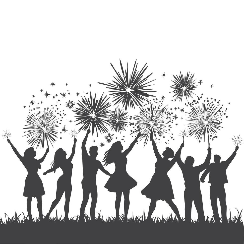 silhouette of a group of people holding sparklers, dancing under a sky on a white backround vector