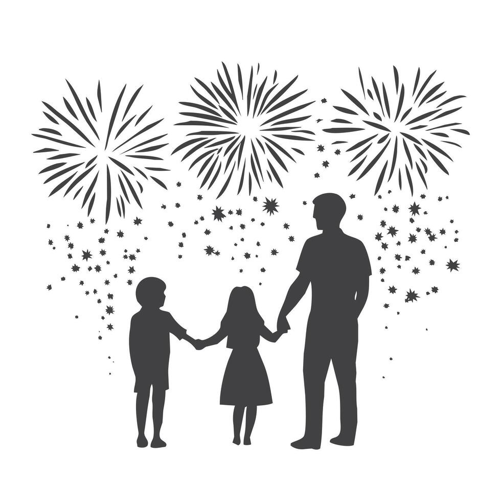 Silhouette of a family standing together, watching fireworks and holding hands on a white background vector