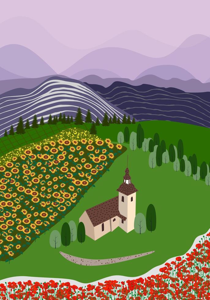 Relaxing nature landscape. Background with mountains, flowers, green meadows and forests village scenery. vector