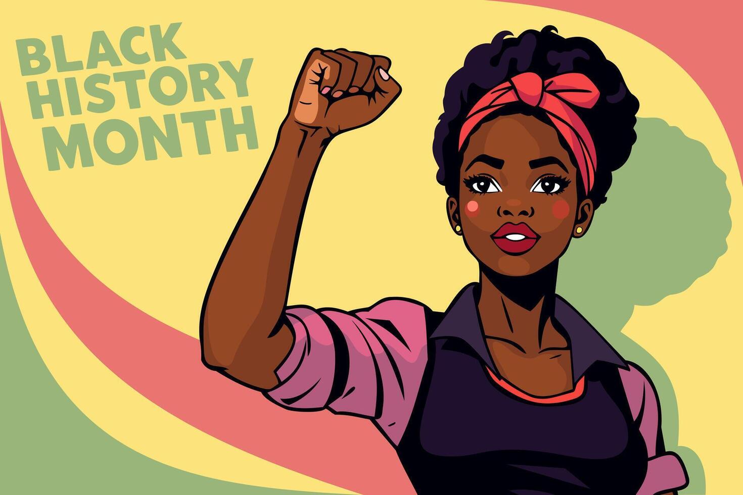 Poster-style illustration of black woman's empowered pose, her fist raised high. Black History Month vector