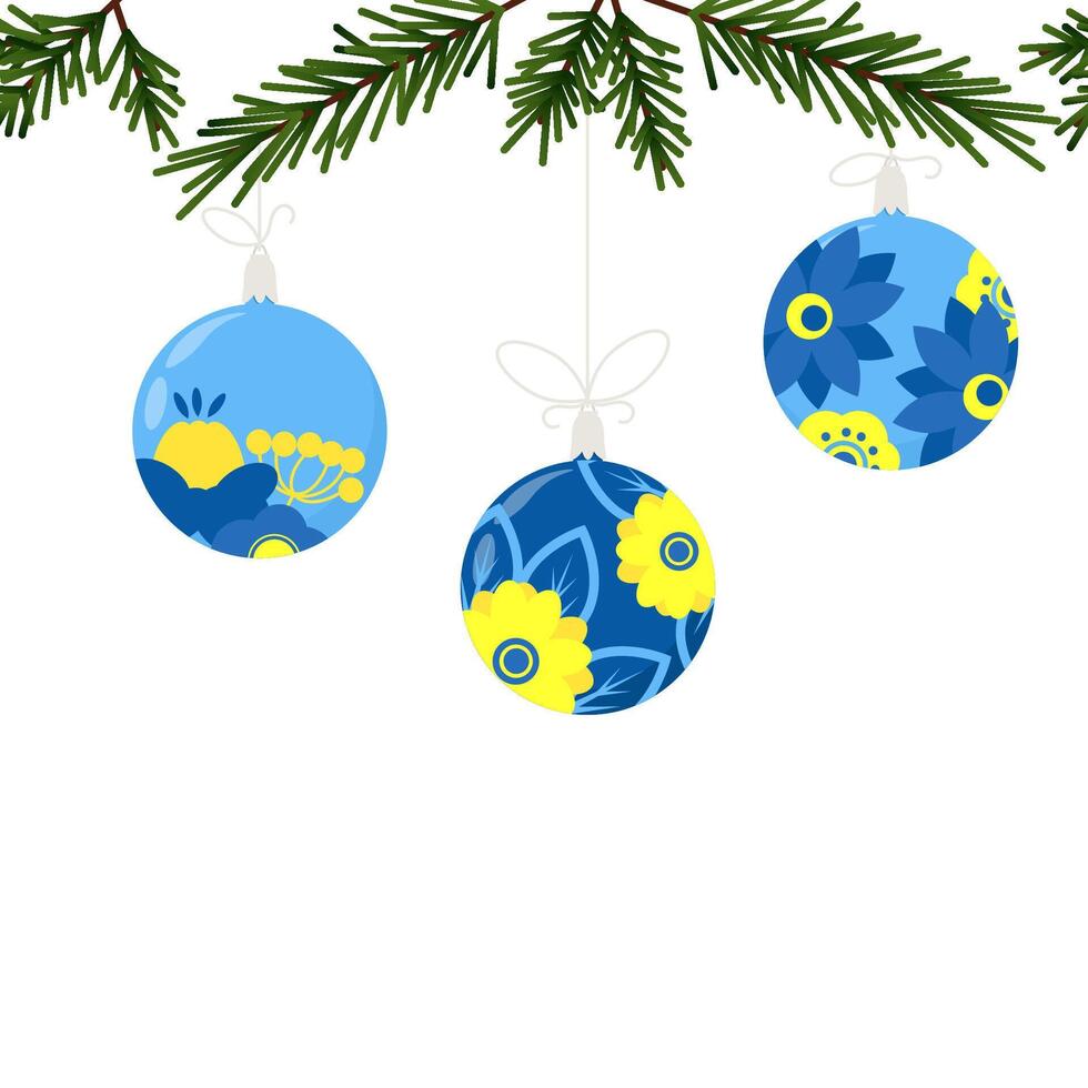 Yellow and blue Christmas balls with pendants and ethnic Ukrainian flowers hung on green Christmas tree branches in seamless border vector