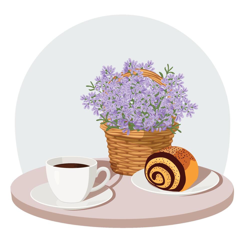 Hand drawn still life illustration of coffee and a poppy bun or roll vector
