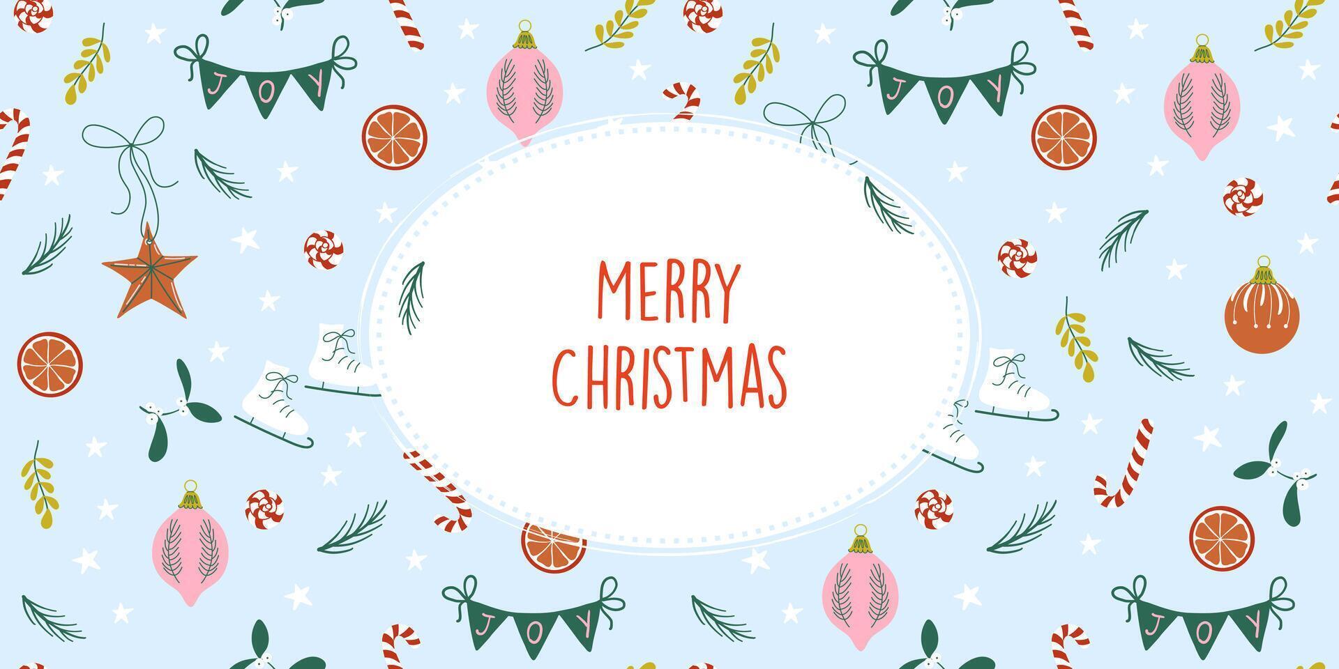 Happy Holidays concept. Cute vintage Christmas background with frame for text or photo. Merry Christmas card or banner with festive pattern. Hand drawn flat design illustration. vector