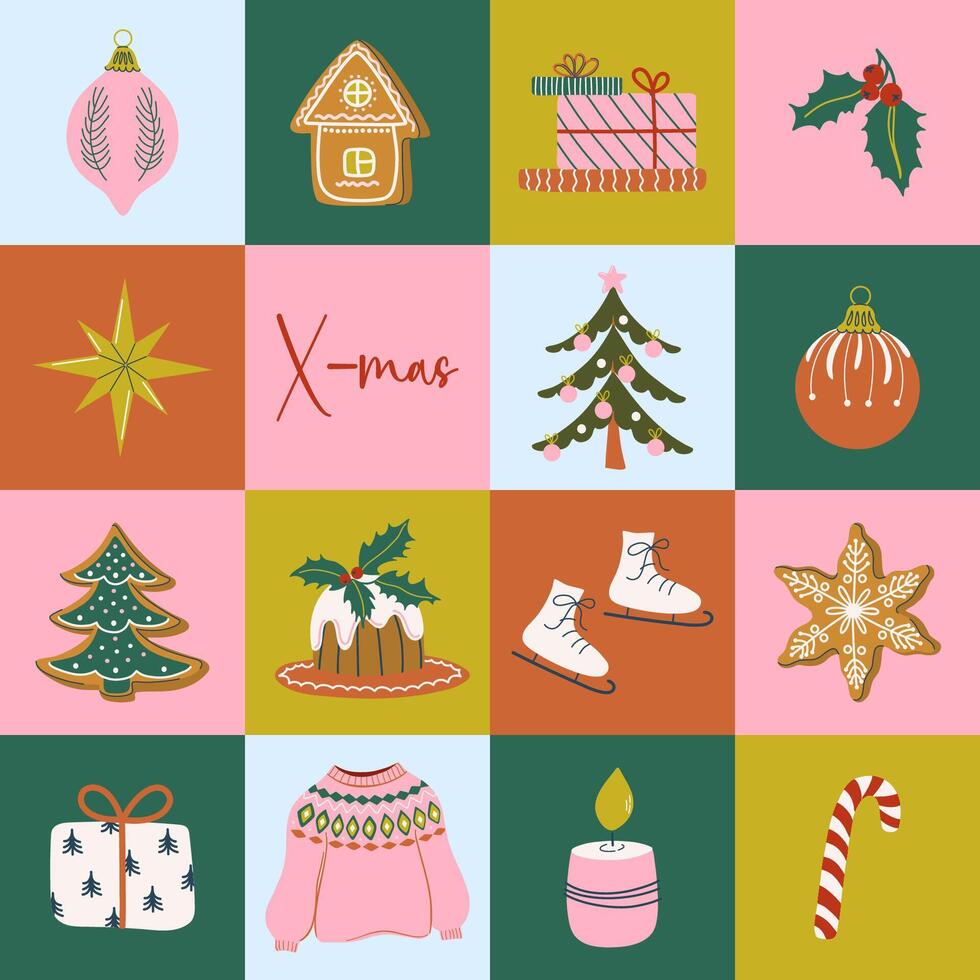 Happy holidays geometric background. Square bright Christmas seamless pattern. Winter holiday banner. Retro design Xmas print. Flat style hand drawn illustration for poster, card, invitation. vector