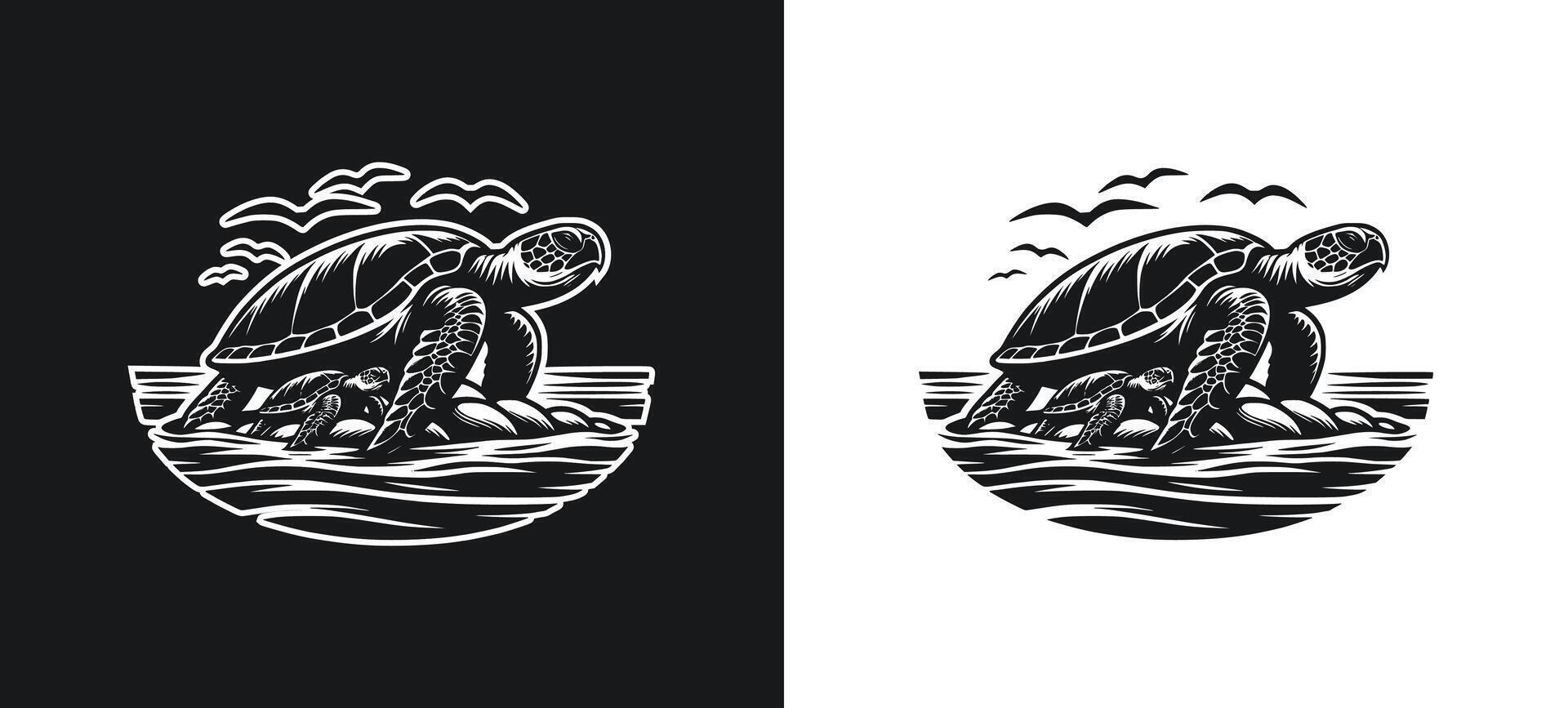 Vintage Style Sea Turtle on the Shore silhouette drawing vector