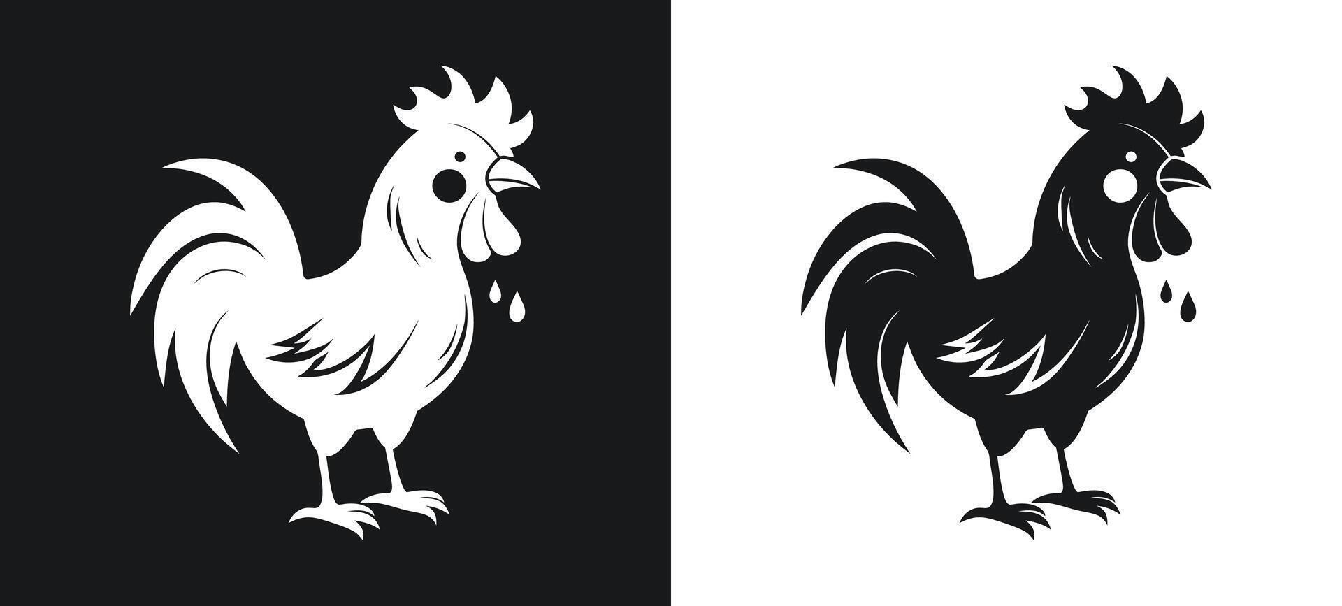 Monochrome Rooster and Chicken Silhouettes vector