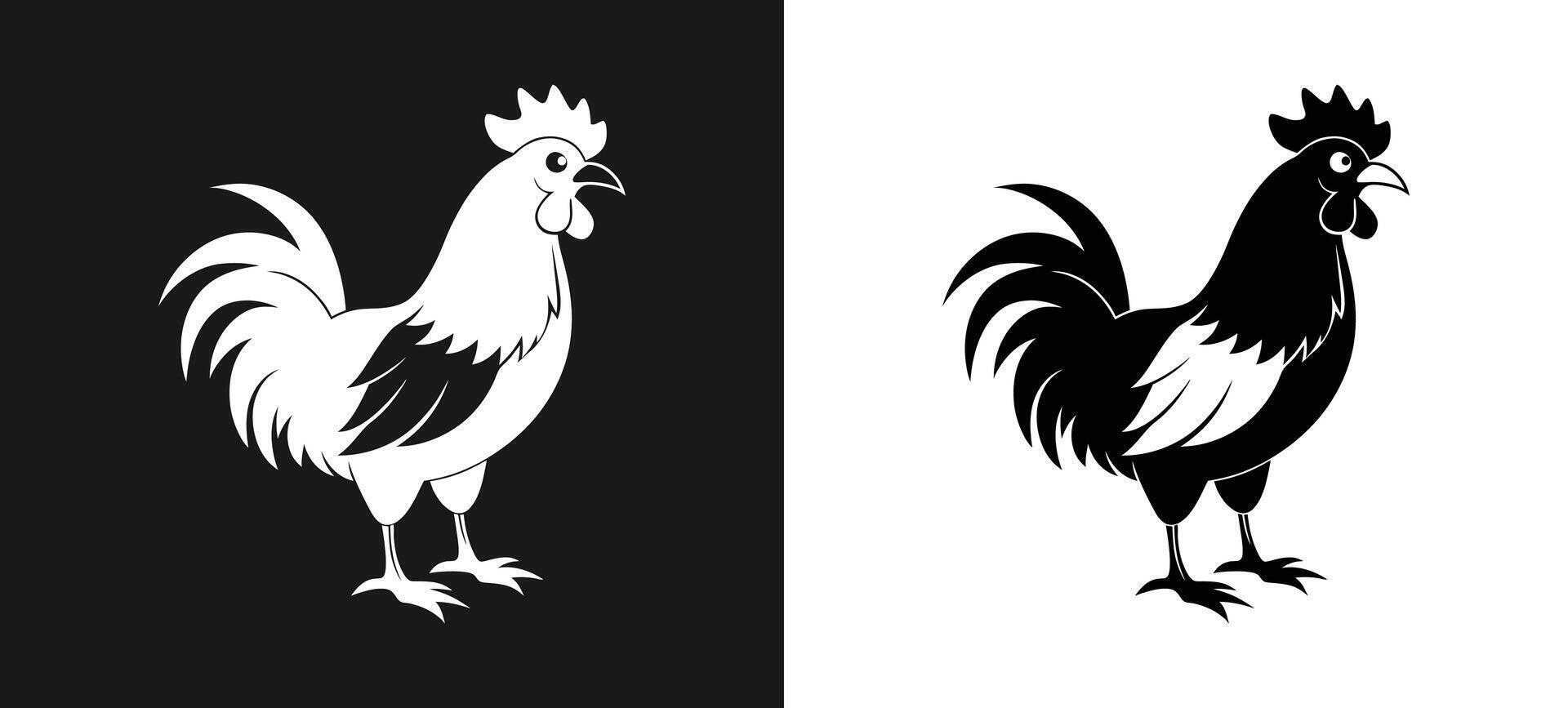 Monochrome Silhouette Design of Chicken and Rooster vector