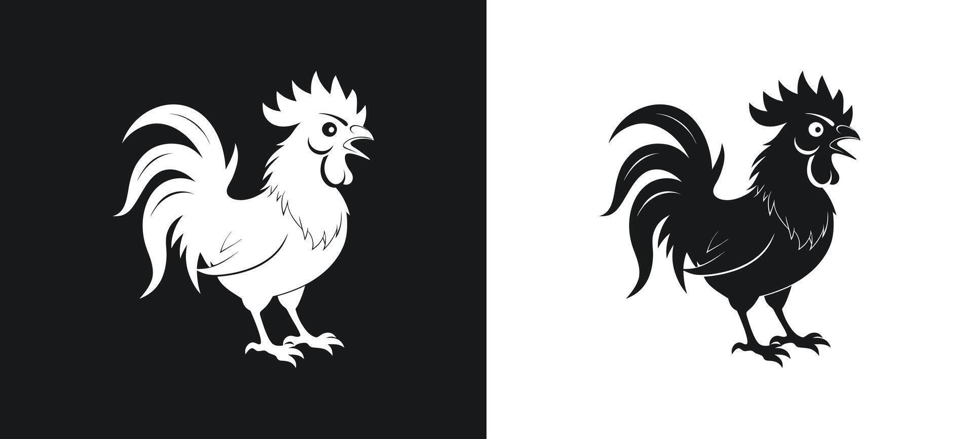 Farm Animal Black and White Silhouette Chicken and Rooster vector
