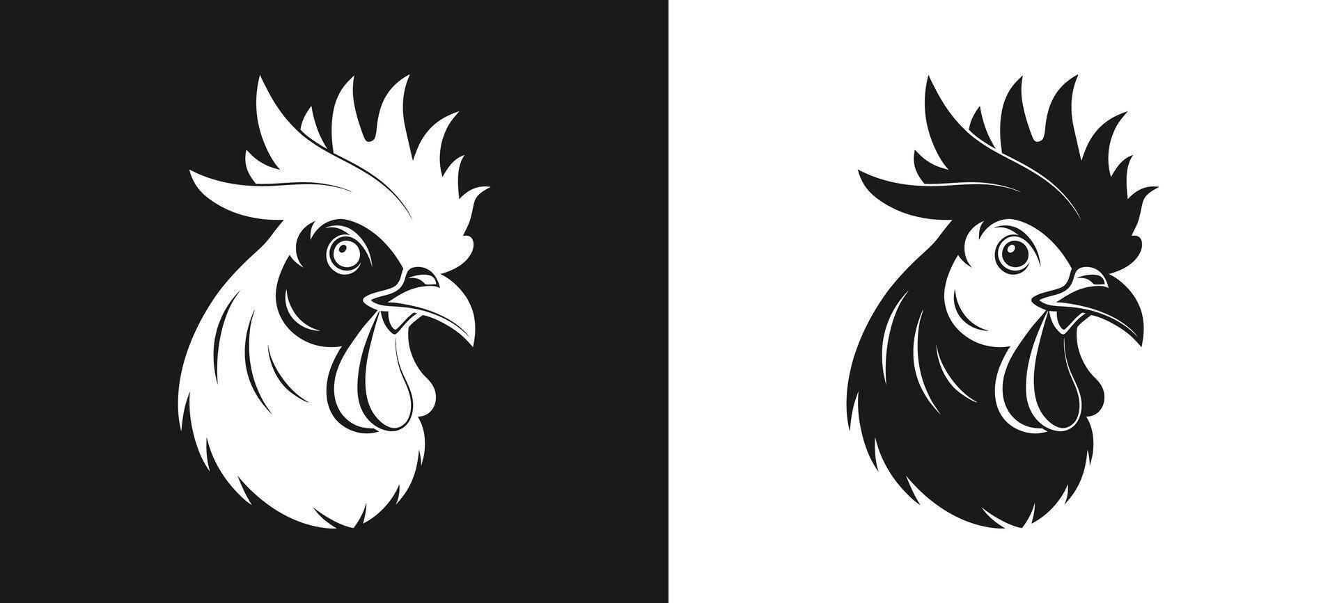 Farmyard Silhouette Rooster and Chicken in Black and White vector