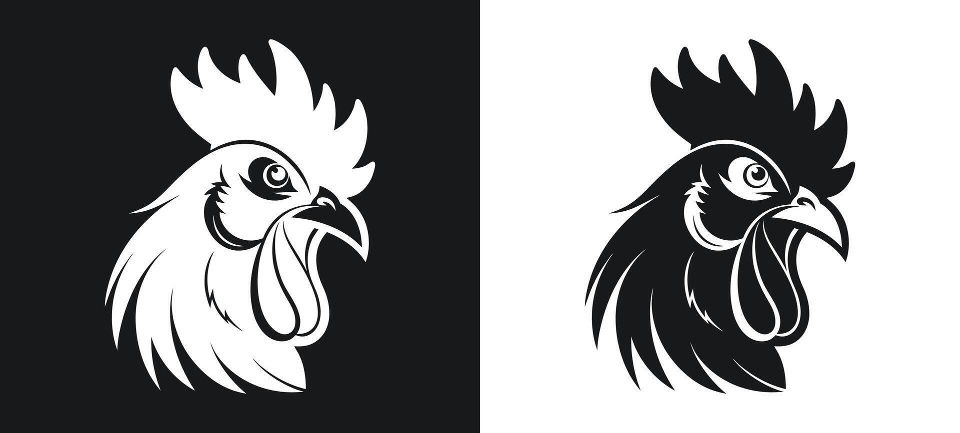 Stylish Rooster and Chicken Silhouettes in Black and White vector