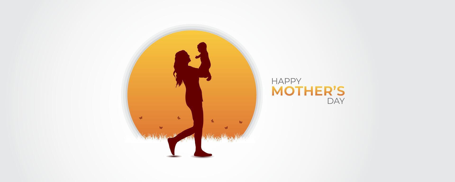 mother looking at her baby and holding up in sunset with butterflies in white background for mothers day banner background template vector