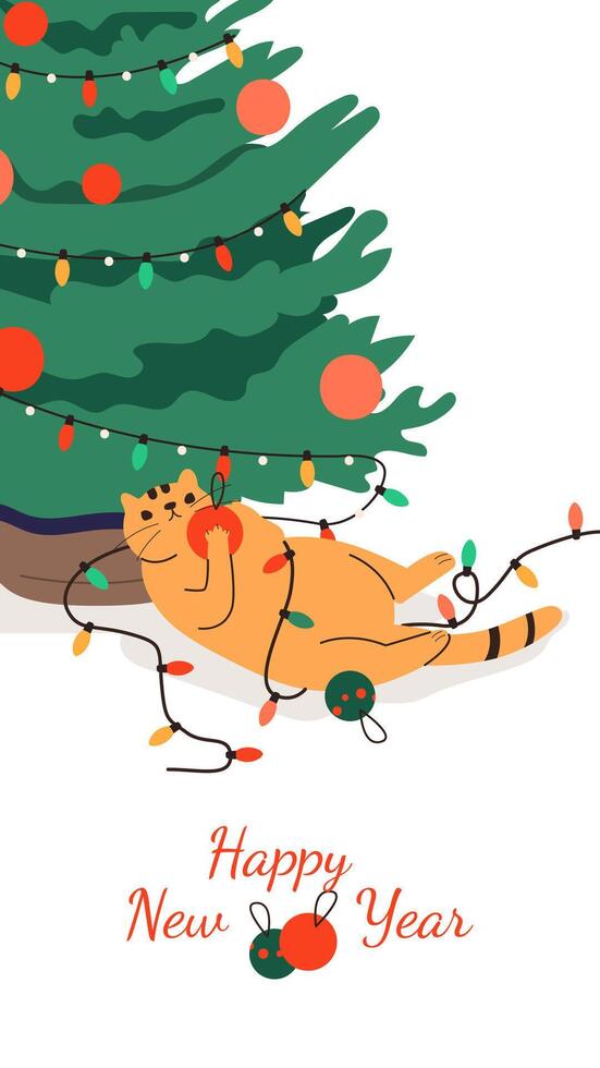 Cat playing with Christmas ball under the Christmas tree wrapped in garland. Cute red cat with toys in paws. Winter holiday. illustration isolated on white background vector