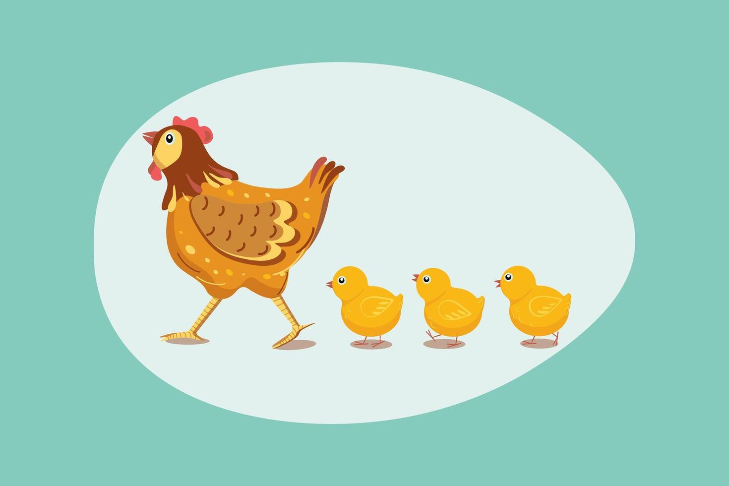 Cute Hen, chickens and egg. Banner, frame. Poultry, farm. Family, pets. Flat illustration, colored background, isolated. vector