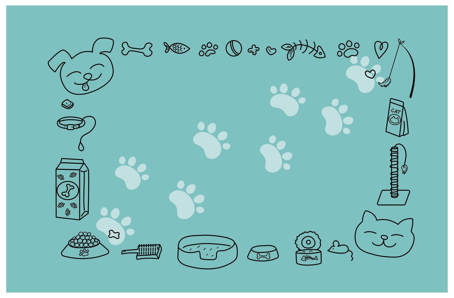 Frame Pet products. Animal linear icons drawings, doodle background for print design. Postcard with place for text. Promotion concept, sale of goods in pet store. vector