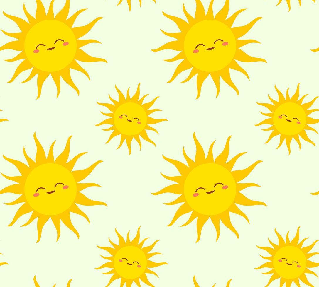 Playful seamless pattern featuring smiling suns with a cartoonish aesthetic. Cheerfulness and optimism. Flat, Minimalist style emphasizes simplicity and charm. Whimsical and friendly. Uplifting vibe. vector