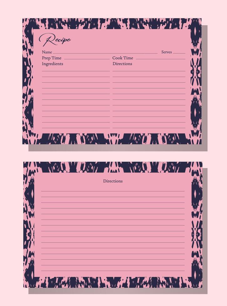 Kitchen organizing printable for new year. Recipe card templates with a soft pink background. Feminine and elegant design. Decorative borders tribal or ethnic-inspired pattern. Culinary enthusiasts. vector