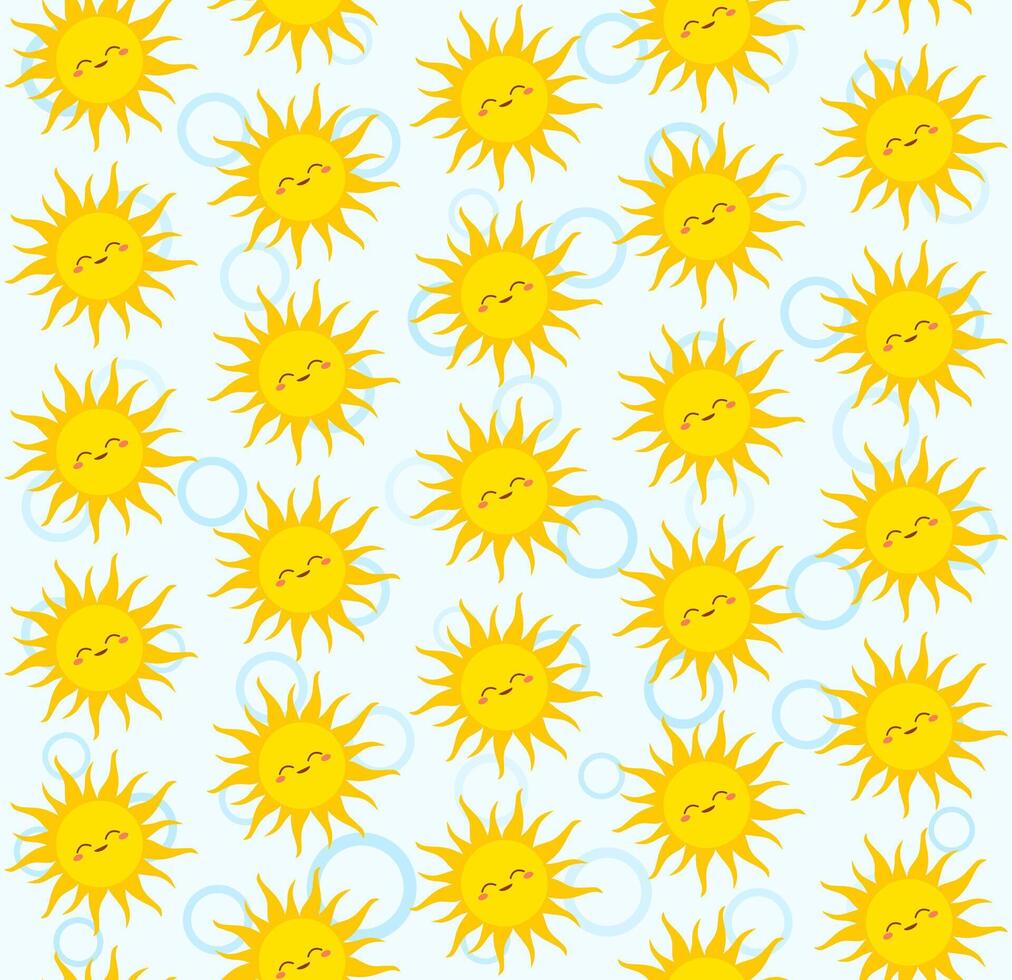 Seamless pattern featuring bright yellow smiling suns against a soft light blue background. Simple cartoon-like shapes of suns rays create a cheerful and playful design. Light hearted vibes motifs. vector