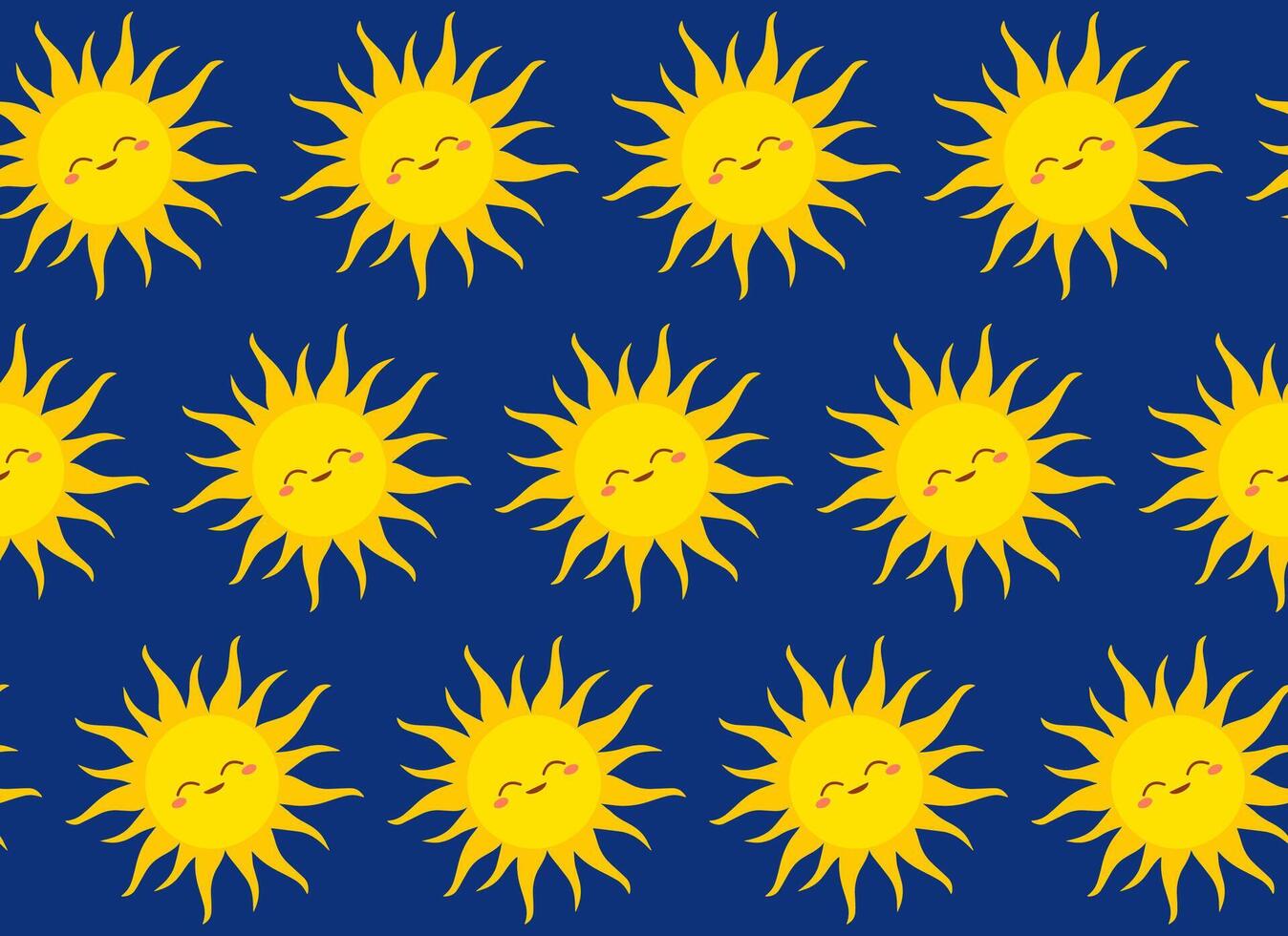 Seamless pattern featuring bright yellow smiling suns on a dark blue background. Simple, cartoon-like shapes of suns with rays create a playful and cheerful design. Joyful ambiance, new beginning. vector