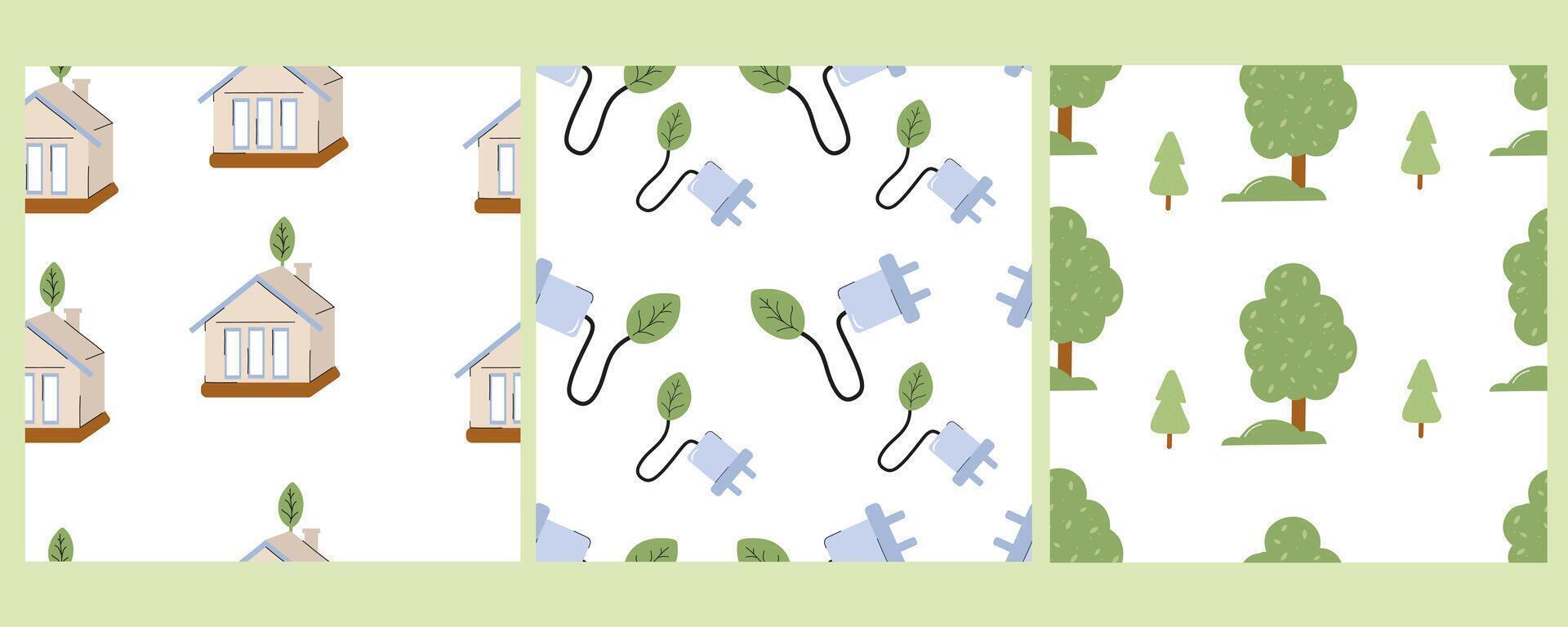 Patterns featuring houses, plugs, and trees in a vibrant design vector