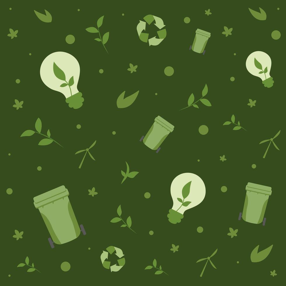 Pattern design featuring light bulbs and recycling bins on a green background vector