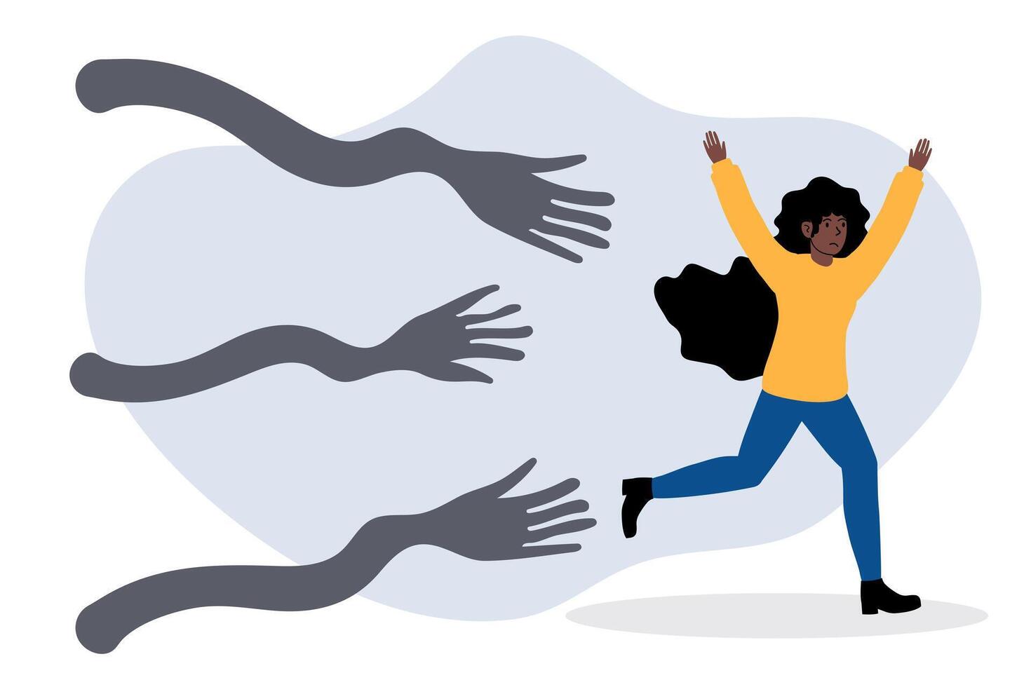 Woman joyfully running away from shadowy hands in a stylized illustration vector