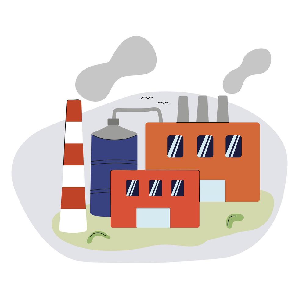 Industrial complex with smokestacks and storage tanks in a stylized graphic illustration vector