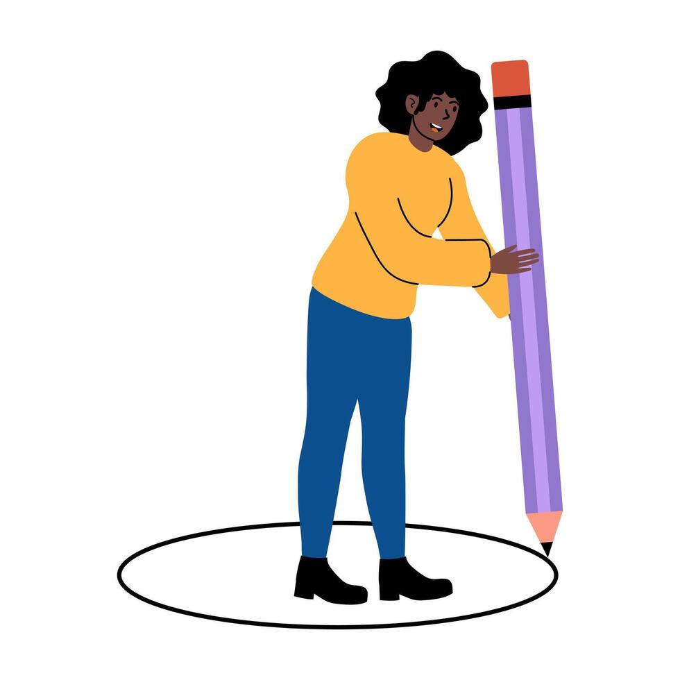Creative woman drawing with a large pencil in a circular area indoors vector