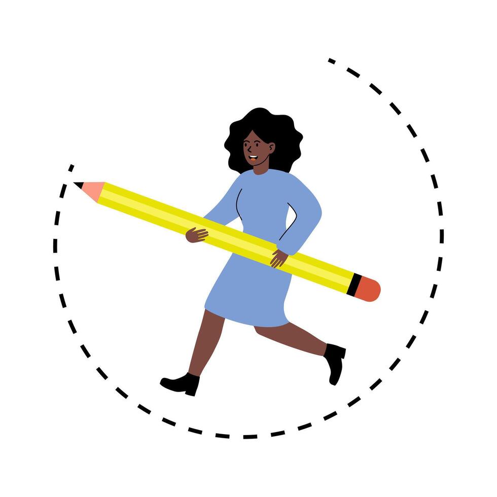 Woman joyfully running with a large yellow pencil in a creative and playful manner vector