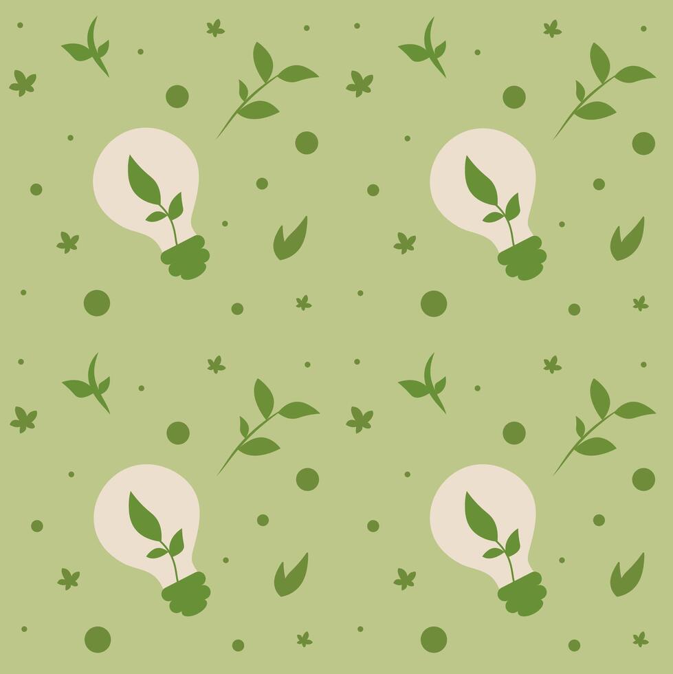 Green pattern featuring light bulbs and leaves in a fresh, natural design vector