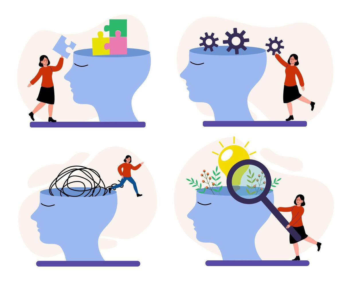 Exploring the process of problem-solving and creativity through visual metaphors of the mind vector