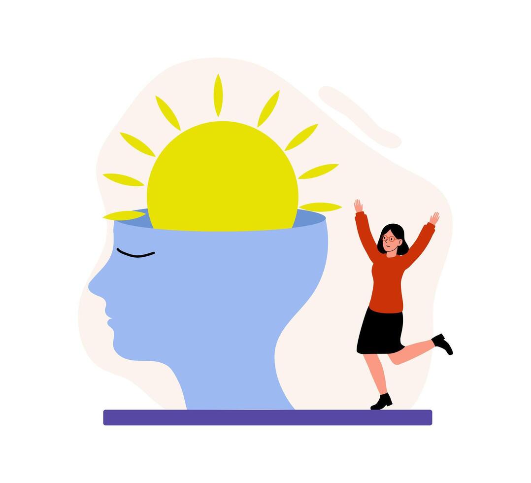 Joyful expression of mental wellness with a bright sun and lively woman vector